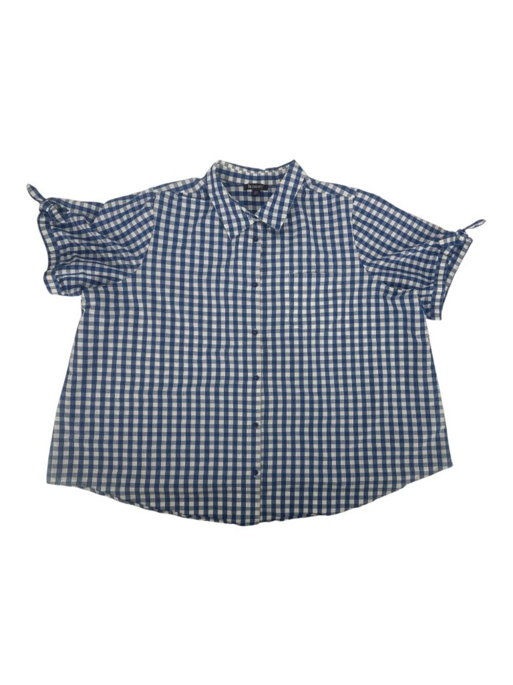 Roaman’s Blue White Gingham Button Front Blouse 30W Tie Sleeve Cotton Preppy